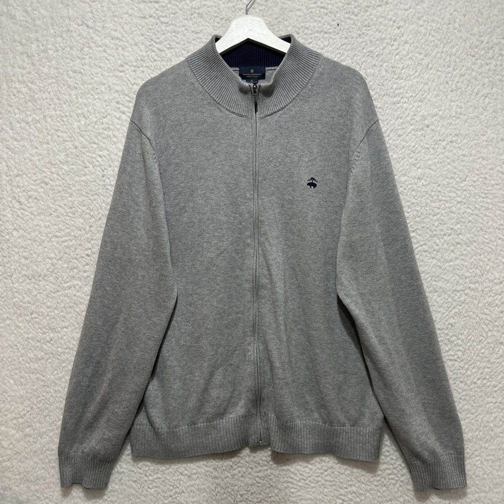 Brooks Brothers Mens Full Zip Front Grey Knitted Jumper Size XL Embroidered Logo